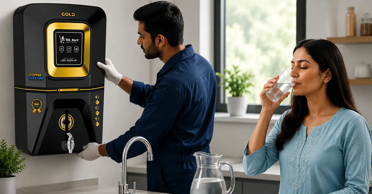 RO technician performing RO water purifier service for safe drinking water at home